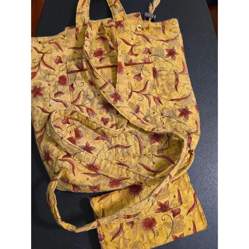 Yellow Floral Quilted Cotton Drawstring Backpack and Matching Wallet Set